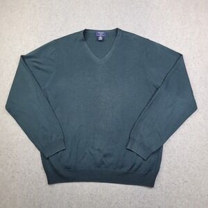 Brooks Sweater Fine Italian Merino Wool Mens Large Green V Neck Pullover